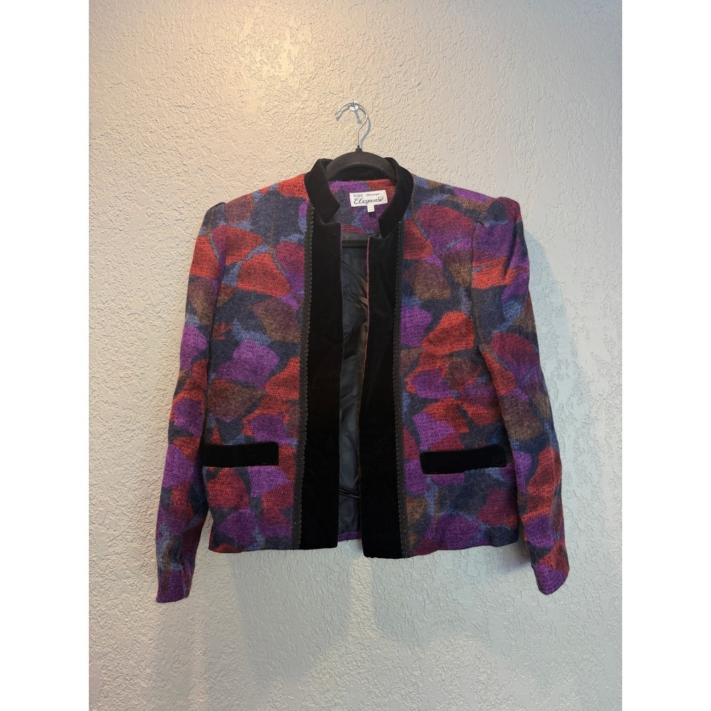 Robe Message Eleganse Vintage Wool Abstract Jacket Purple Red Velvet Trim 66
